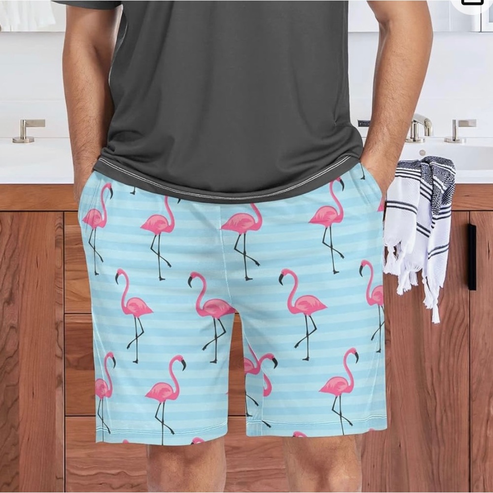 Brand New without tags, Medium Men’s Teal pajama shorts with pink flamingos